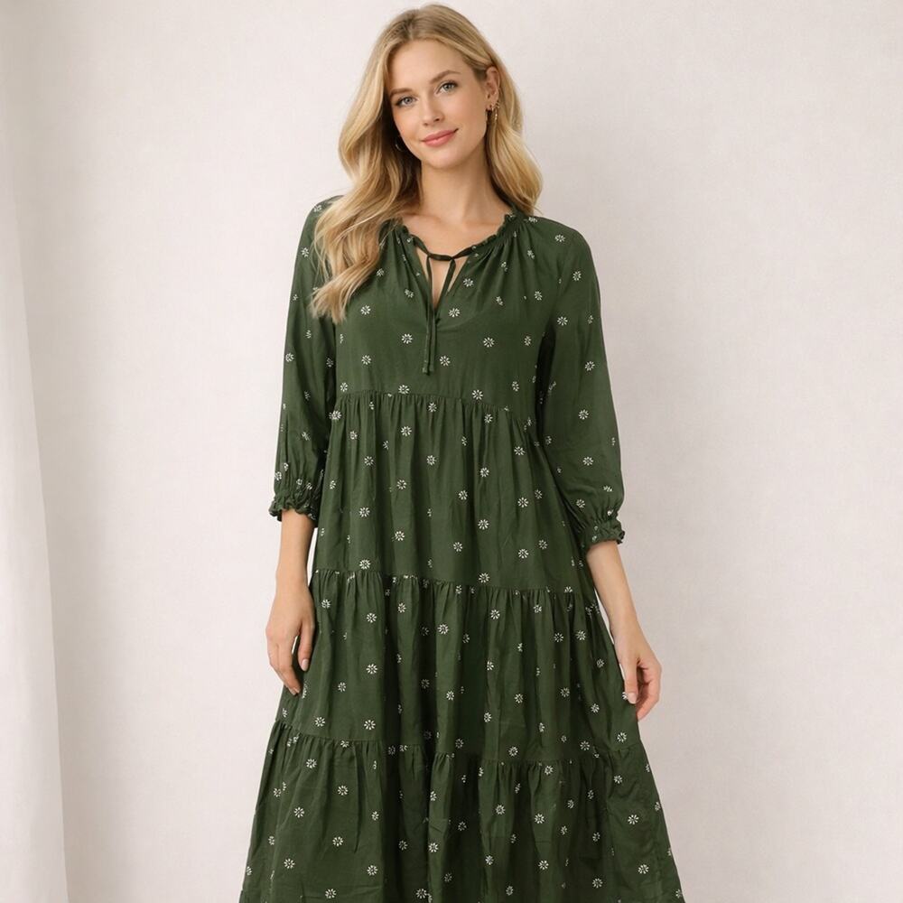 Madewell Midi Maxi Dress Green Tie-Front Neck . Stardot Pattern. Womens small